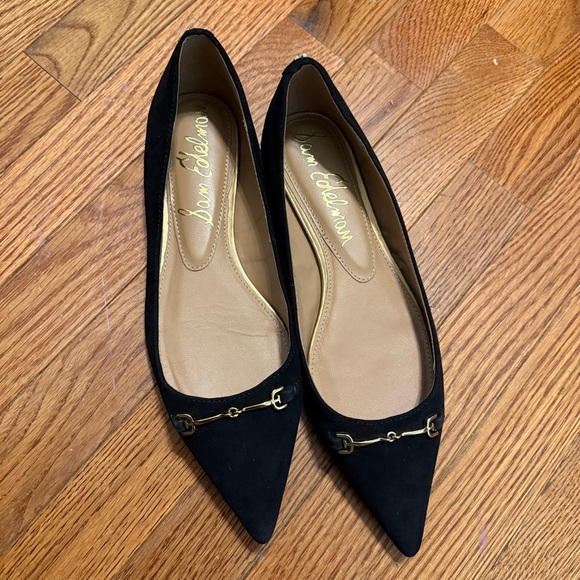 Sam Edelman Women sz 9 Suede Nori Pointed Ballet Flats black gold buckle office - Picture 2 of 11